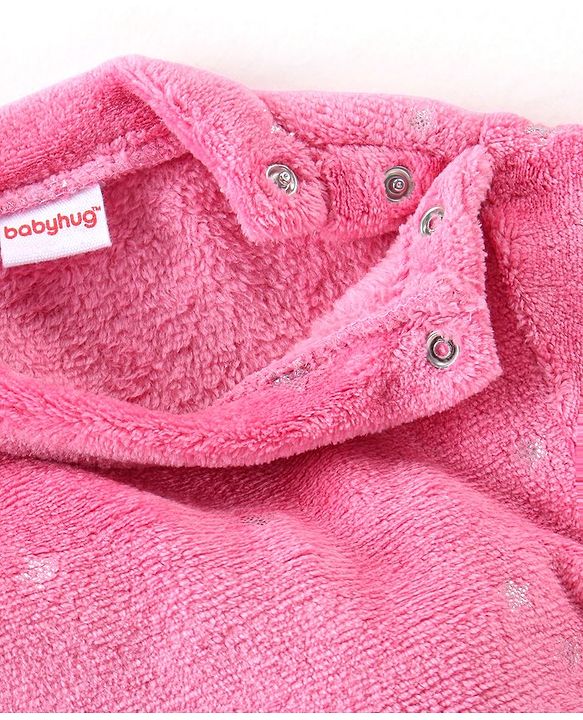 Babyhug Velour Knit Full Sleeves Foil Star Printed Winter Night Suit - Pink