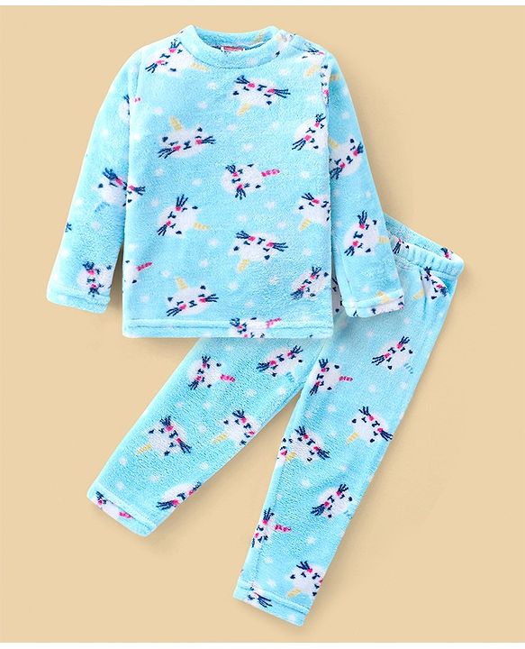 Babyhug Velour Knit Full Sleeves Winter Night Suit Kitty Print - Blue