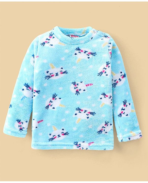 Babyhug Velour Knit Full Sleeves Winter Night Suit Kitty Print - Blue