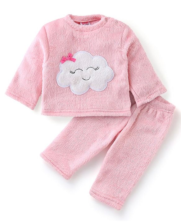 Babyhug Velour Knit Full Sleeves Winter Wear Night Suit with Cloud Applique - Pink