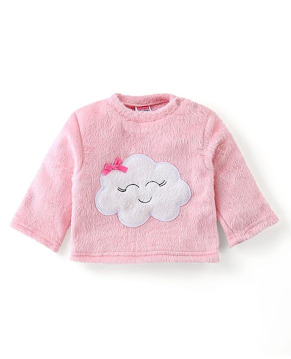 Babyhug Velour Knit Full Sleeves Winter Wear Night Suit with Cloud Applique - Pink