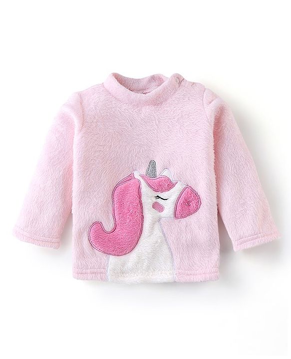 Babyhug Velour Knit Full Sleeves Winter Wear Night Suit with Unicorn  Applique - Pink