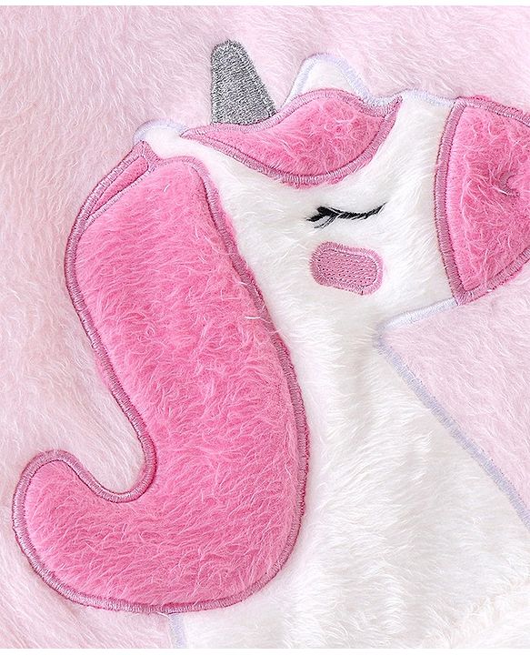 Babyhug Velour Knit Full Sleeves Winter Wear Night Suit with Unicorn  Applique - Pink