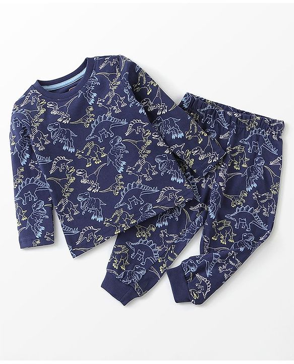 Babyhug Cotton Knit Full Sleeves Night Suit Dino Print - Navy Blue