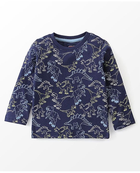 Babyhug Cotton Knit Full Sleeves Night Suit Dino Print - Navy Blue
