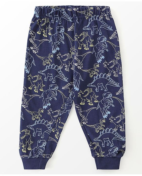 Babyhug Cotton Knit Full Sleeves Night Suit Dino Print - Navy Blue