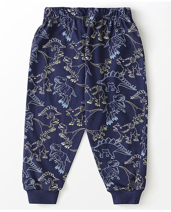 Babyhug Cotton Knit Full Sleeves Night Suit Dino Print - Navy Blue