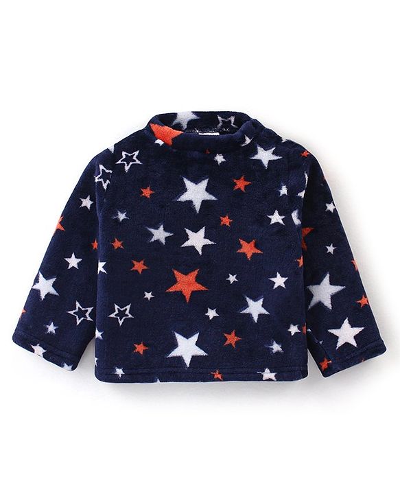 Babyhug Velour Knit Full Sleeves Night Suit Stars Print - Navy Blue