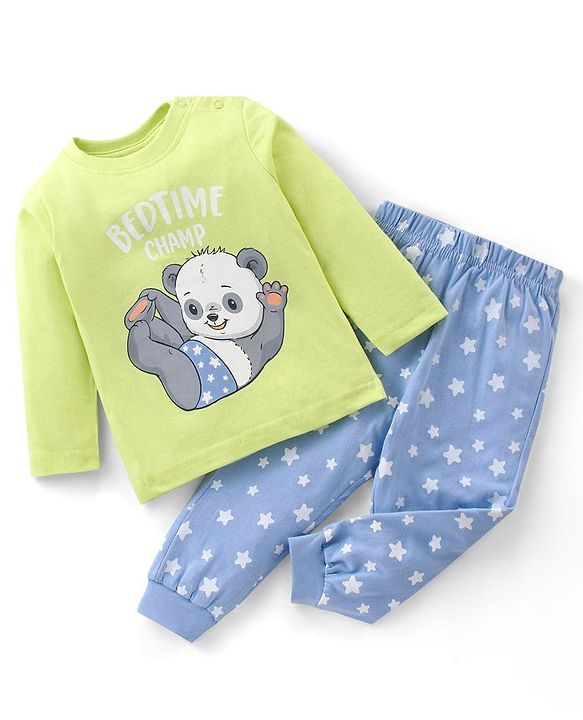 Babyhug Cotton Knit Full Sleeves Bear Print Night Suit - Green & Blue