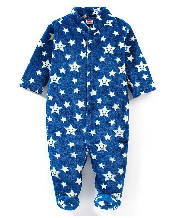 Babyhug Velour Full Sleeves Winter Wear Sleep Suit Star Print - Navy Blue