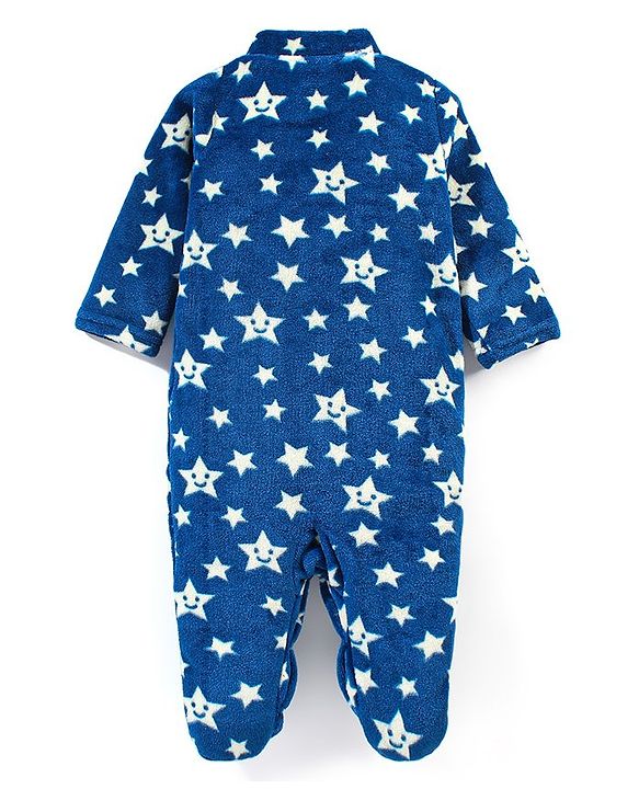 Babyhug Velour Full Sleeves Winter Wear Sleep Suit Star Print - Navy Blue