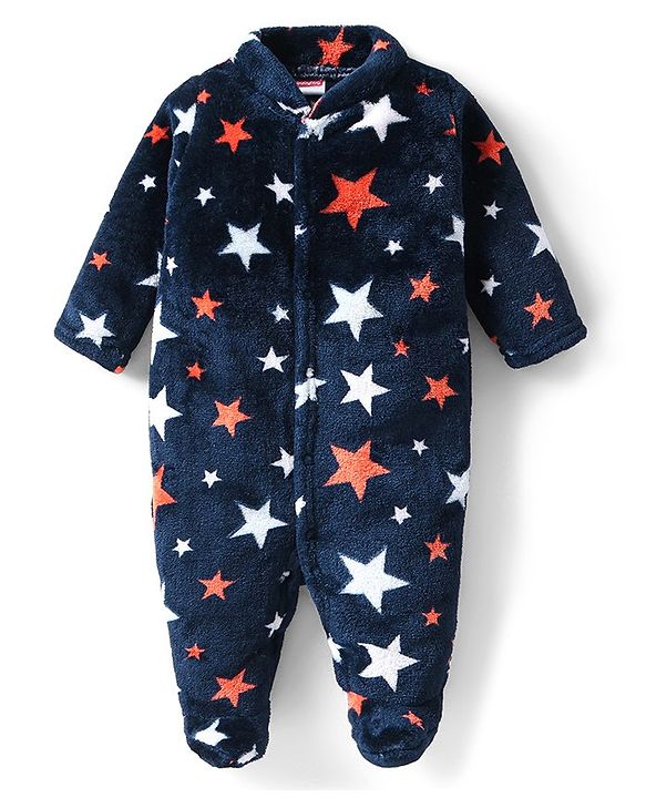Babyhug Velour Full Sleeves Star Printed Winter Wear Footed Sleepsuit - Navy Blue