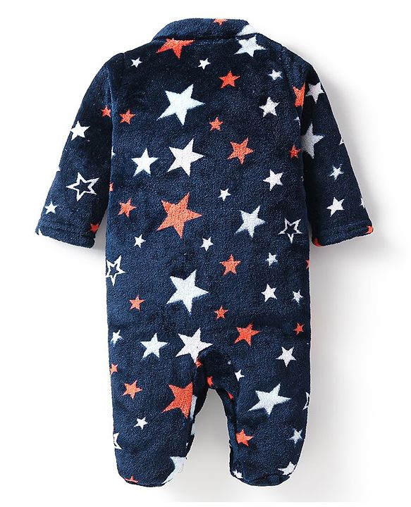 Babyhug Velour Full Sleeves Star Printed Winter Wear Footed Sleepsuit - Navy Blue