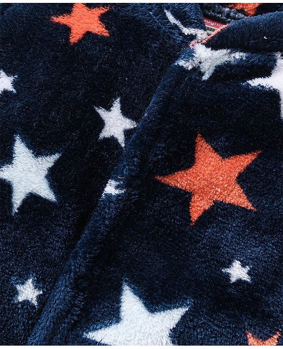 Babyhug Velour Full Sleeves Star Printed Winter Wear Footed Sleepsuit - Navy Blue
