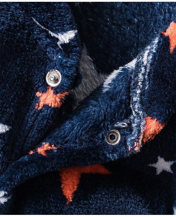 Babyhug Velour Full Sleeves Star Printed Winter Wear Footed Sleepsuit - Navy Blue
