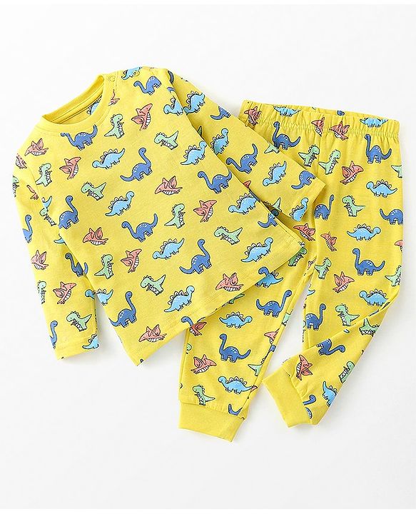 Babyhug Cotton Knit Full Sleeves Night Suit Dino Print- Yellow