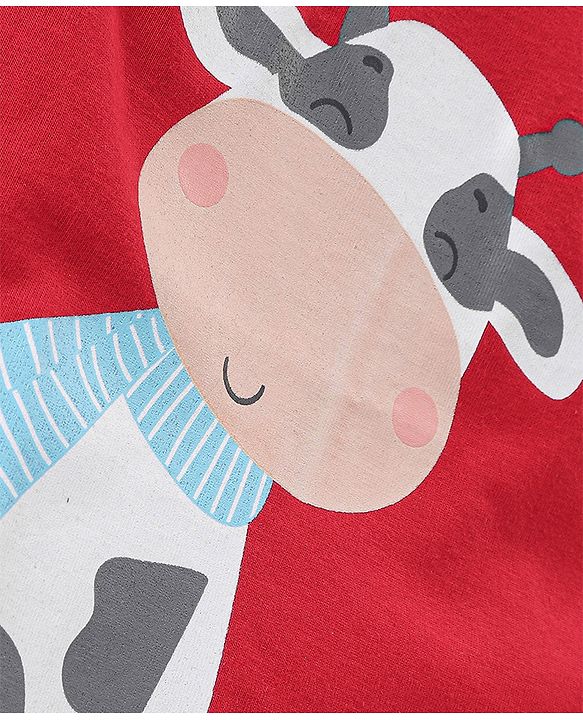 Babyhug Cotton Knit Full Sleeves Night Suit Cow Print - Red
