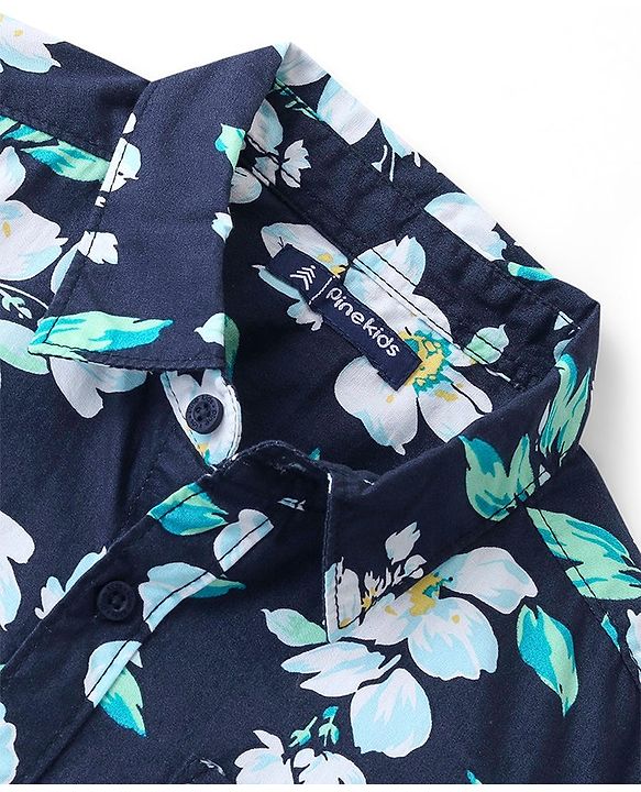 Pine Kids Cotton Full Sleeves Shirt Floral Print- Navy Blue