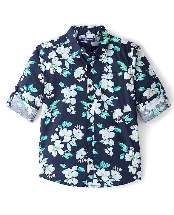 Pine Kids Cotton Full Sleeves Shirt Floral Print- Navy Blue