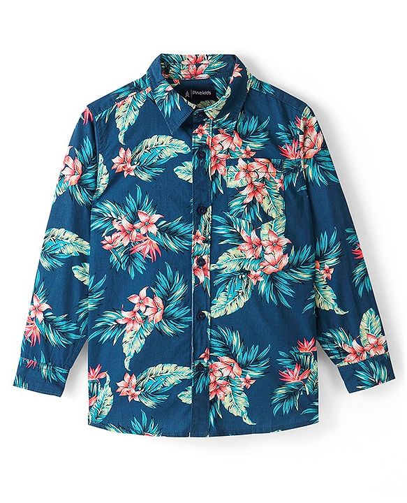 Pine Kids Viscose Woven Full Sleeves Floral Printed Shirt - Blue