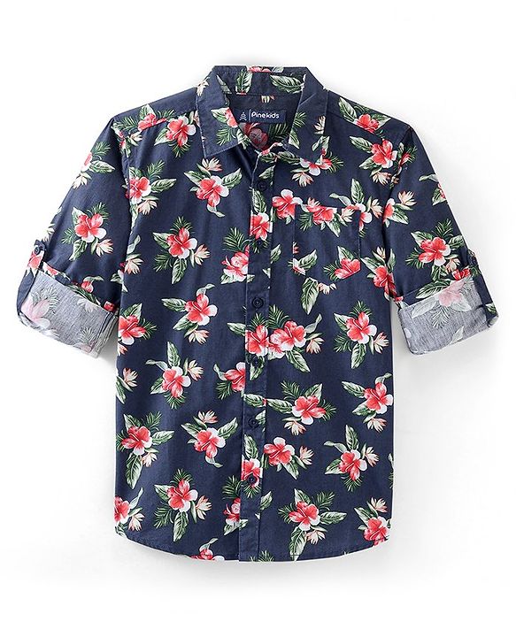 Pine Kids 100% Cotton Full Sleeves Floral Printed Shirt - Blue