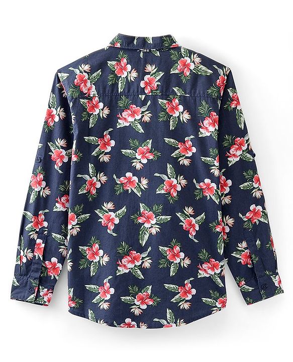 Pine Kids 100% Cotton Full Sleeves Floral Printed Shirt - Blue