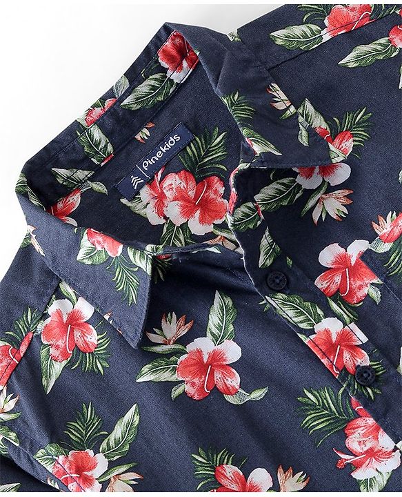 Pine Kids 100% Cotton Full Sleeves Floral Printed Shirt - Blue