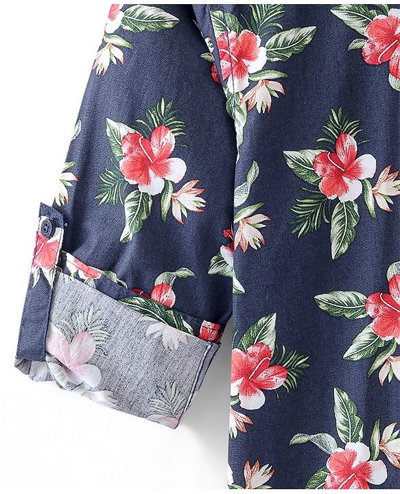 Pine Kids 100% Cotton Full Sleeves Floral Printed Shirt - Blue