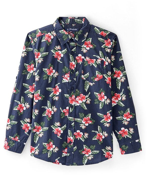 Pine Kids 100% Cotton Full Sleeves Floral Printed Shirt - Blue