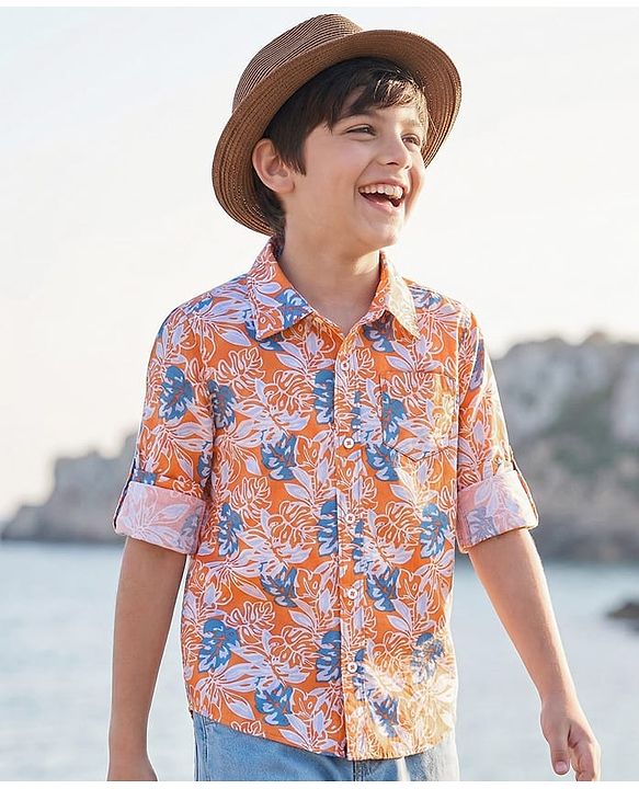 Pine Kids 100% Cotton Full Sleeves Leaves Printed Shirt - Orange
