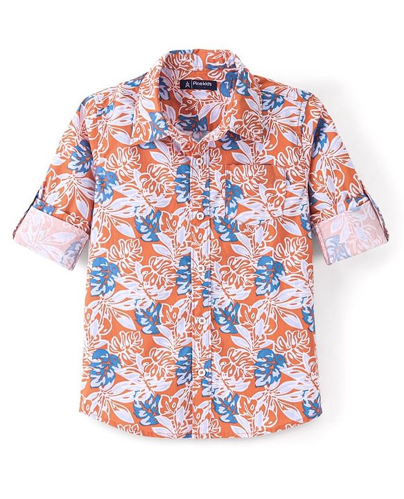 Pine Kids 100% Cotton Full Sleeves Leaves Printed Shirt - Orange