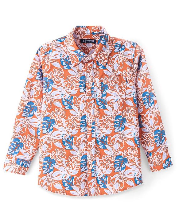 Pine Kids 100% Cotton Full Sleeves Leaves Printed Shirt - Orange