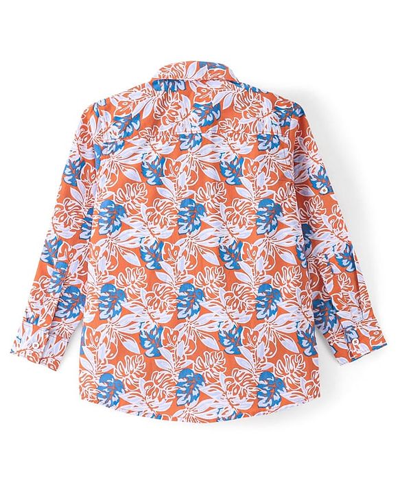 Pine Kids 100% Cotton Full Sleeves Leaves Printed Shirt - Orange