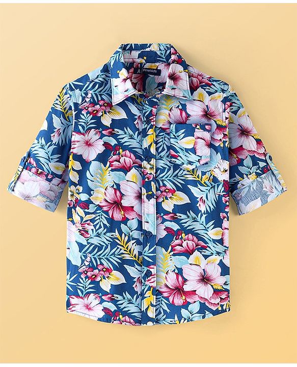 Pine Kids 100% Cotton Full Sleeves Floral Printed Shirt - Blue