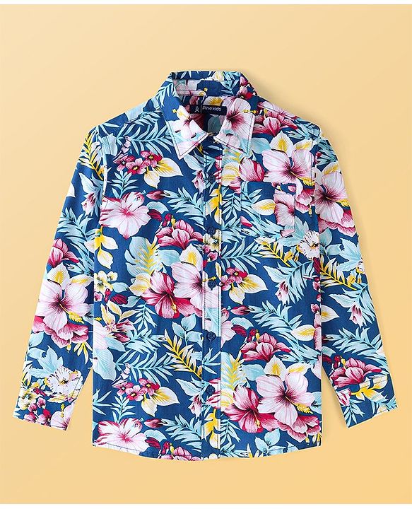 Pine Kids 100% Cotton Full Sleeves Floral Printed Shirt - Blue