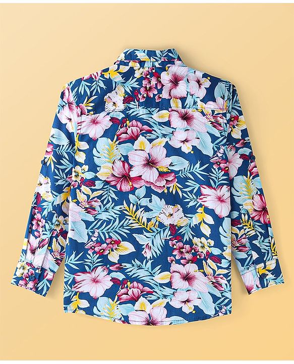 Pine Kids 100% Cotton Full Sleeves Floral Printed Shirt - Blue