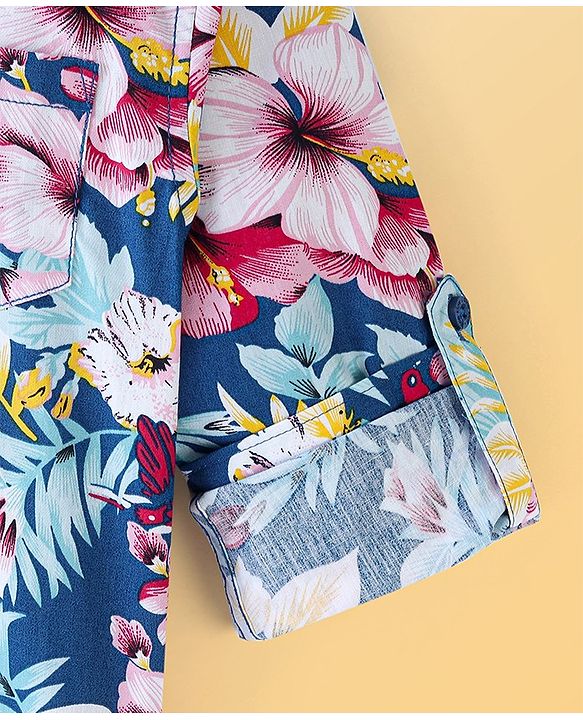 Pine Kids 100% Cotton Full Sleeves Floral Printed Shirt - Blue