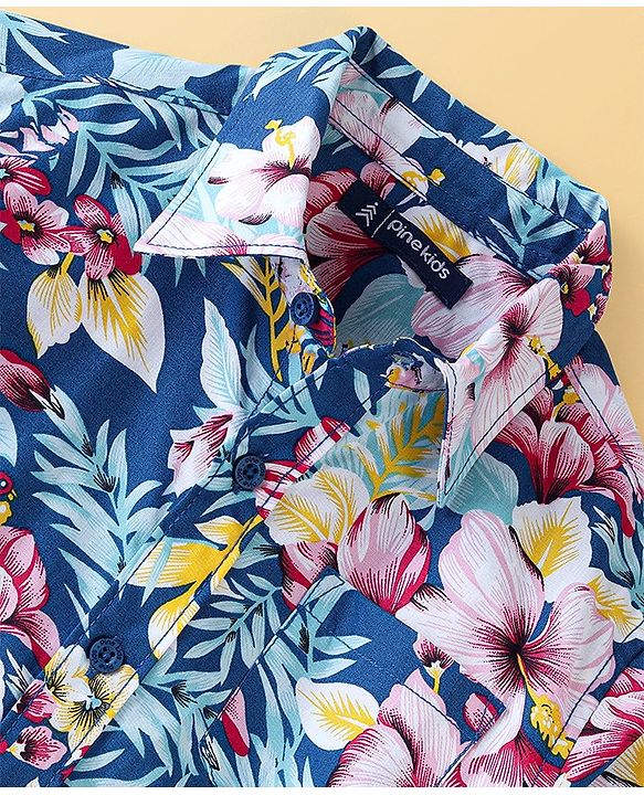 Pine Kids 100% Cotton Full Sleeves Floral Printed Shirt - Blue