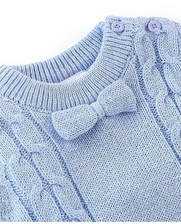 Babyhug Organic Cotton Full Sleeves Winter Wear Romper with Bow - Blue