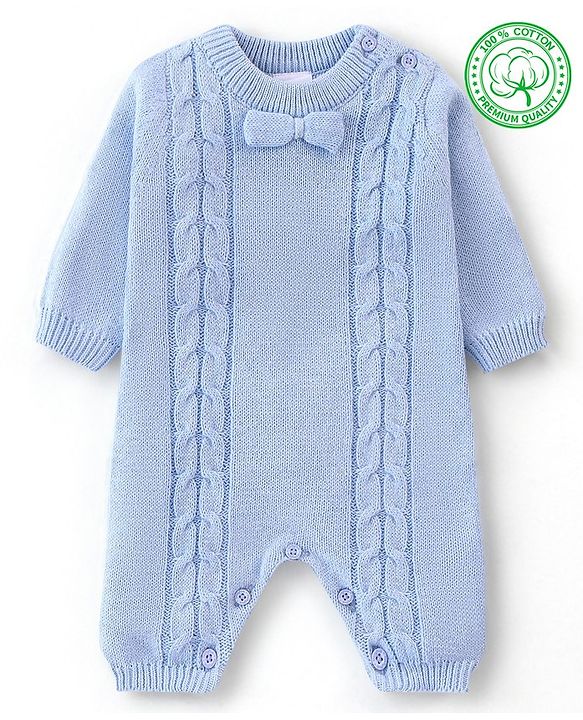 Babyhug Organic Cotton Full Sleeves Winter Wear Romper with Bow - Blue