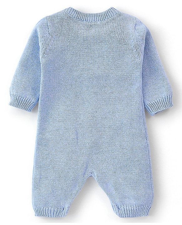 Babyhug Organic Cotton Full Sleeves Winter Wear Romper with Bow - Blue