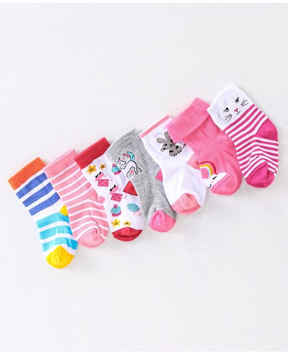 Cute Walk by Babyhug Anti Bacterial Ankle Length Non Terry Socks Unicorn Design Pack of 7 - Pink & White
