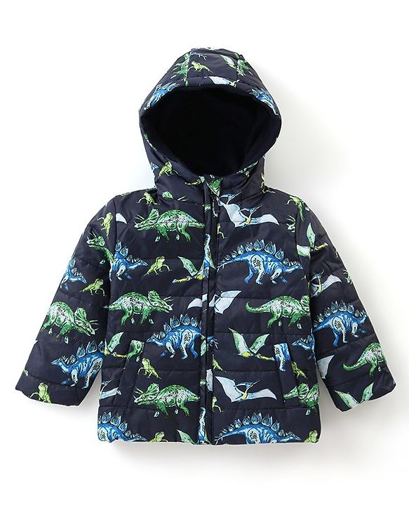 Babyhug Full Sleeves Hooded Padded Quilted Jacket Dino Print -  Navy Blue