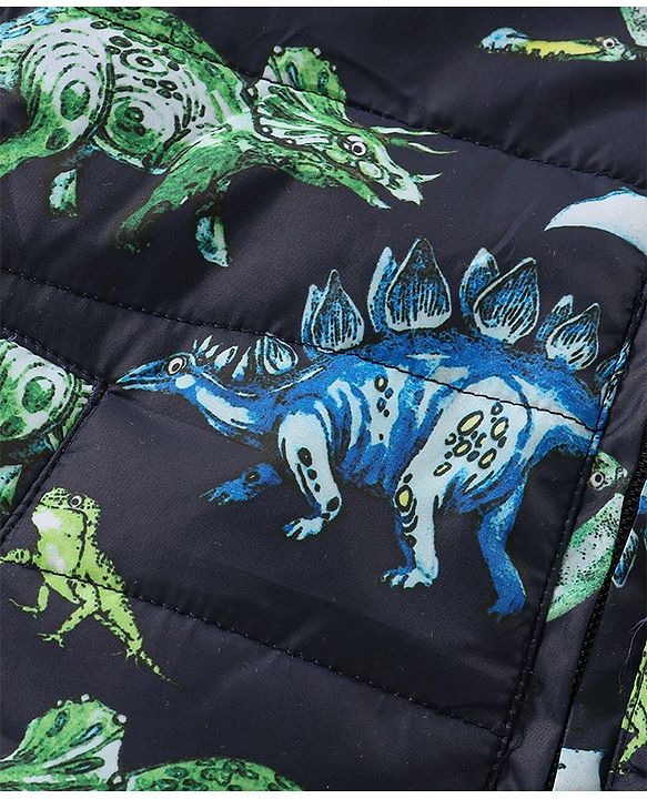 Babyhug Full Sleeves Hooded Padded Quilted Jacket Dino Print -  Navy Blue
