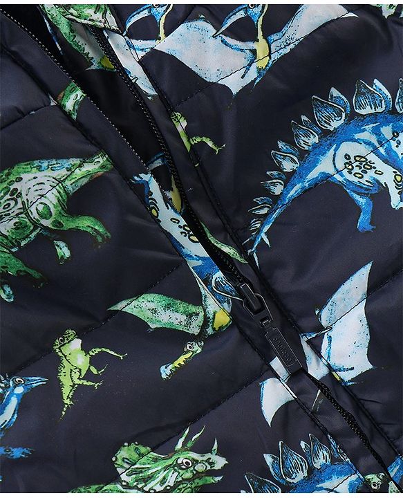 Babyhug Full Sleeves Hooded Padded Quilted Jacket Dino Print -  Navy Blue