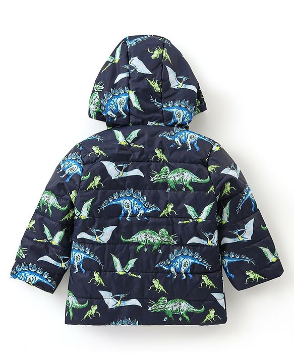 Babyhug Full Sleeves Hooded Padded Quilted Jacket Dino Print -  Navy Blue