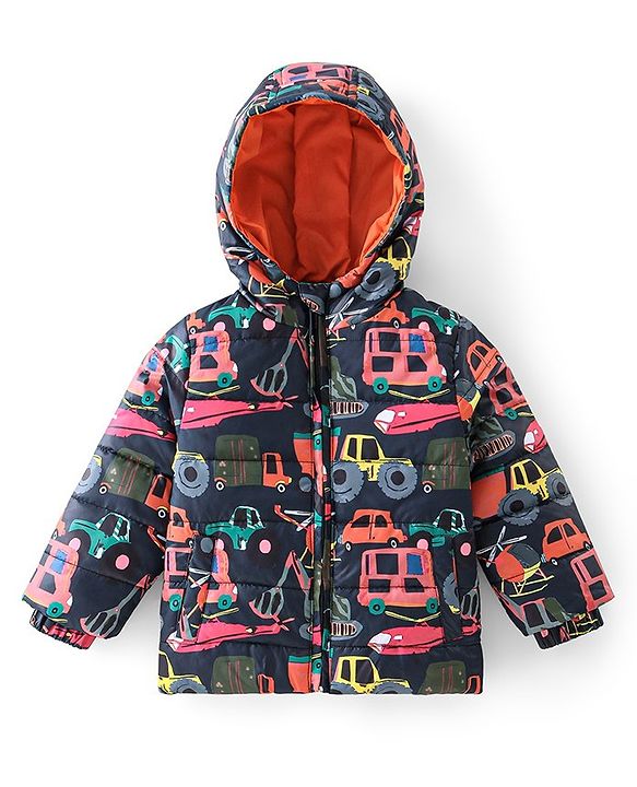 Babyhug Full Sleeves Hooded Jacket with Vehicles Printed - Navy Blue & Orange