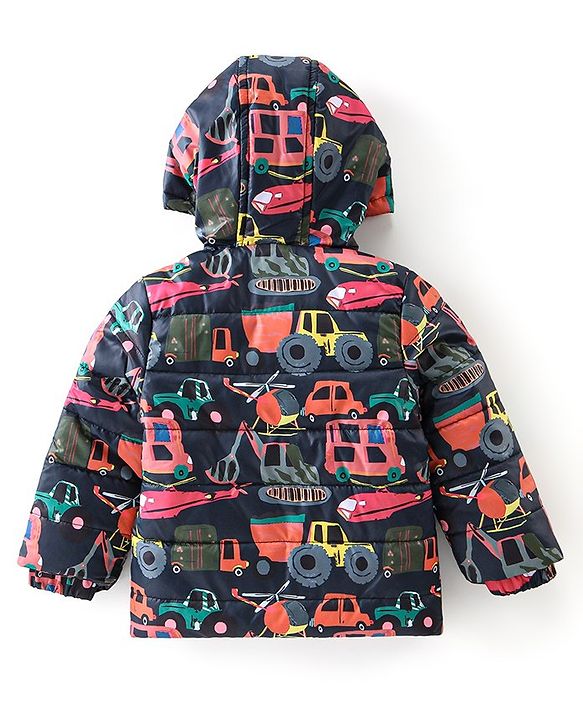Babyhug Full Sleeves Hooded Jacket with Vehicles Printed - Navy Blue & Orange