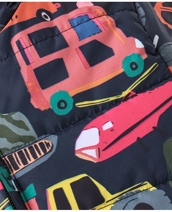 Babyhug Full Sleeves Hooded Jacket with Vehicles Printed - Navy Blue & Orange