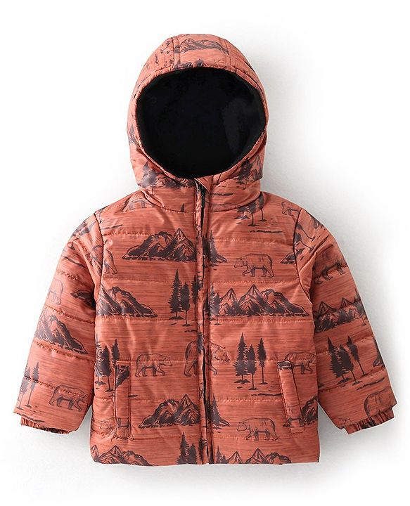 Babyhug Full Sleeves Hoodie Mountain Print - Orange